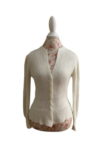 Vintage Cream Pearl Button Puffed Sleeve Peplum Waist Fitted Sweater 1980’s - Thumbnail 4