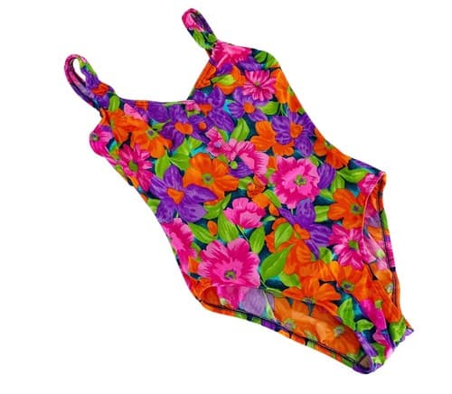 Vintage Swimsuit Retro Pink Orange Purple Floral Print One Piece Scoop Back M/L - Thumbnail 2