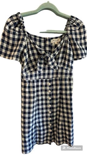 Madewell Blue & White Dress 0 Puffed Sleeves Button Front Babydoll Cotton - Thumbnail 4