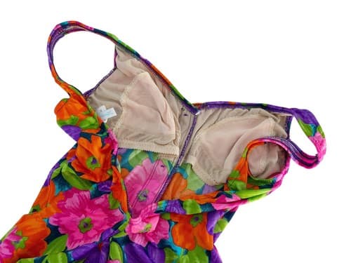 Vintage Swimsuit Retro Pink Orange Purple Floral Print One Piece Scoop Back M/L - Thumbnail 4