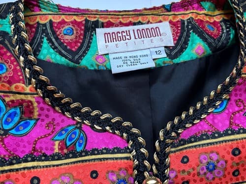 Vintage Maggy London Silk Jacket 12 Petite Black Braided Trim Baroque Regency - Thumbnail 2
