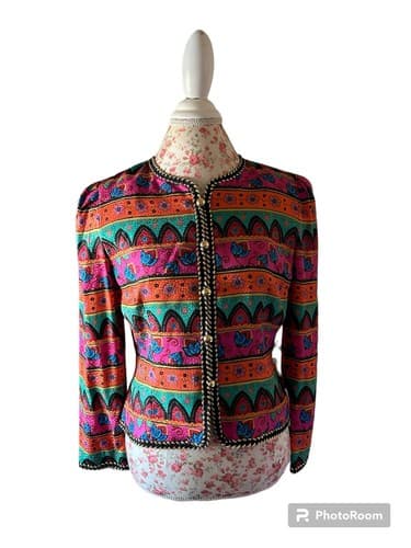 Vintage Maggy London Silk Jacket 12 Petite Black Braided Trim Baroque Regency - Thumbnail 4