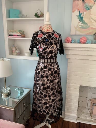 Boutique Crochet Dress Pink Satin Lace Overlay Butterfly Rose Bird Appliqué S - Thumbnail 2