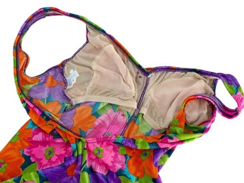 Vintage Swimsuit Retro Pink Orange Purple Floral Print One Piece Scoop Back M/L - Thumbnail 5
