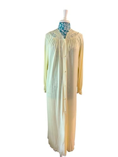Vintage Yellow Shadowline Long Robe Sheer Chiffon Accents Embroidered Roses S - Thumbnail 7