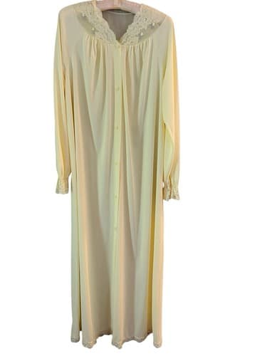 Vintage Yellow Shadowline Long Robe Sheer Chiffon Accents Embroidered Roses S - Thumbnail 10