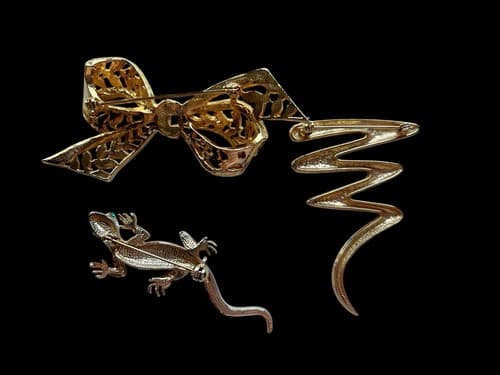 Vintage Brooch Lot Of 3 Green Eye Lizard Bow Gold Finish Jewelry Pin Set - Thumbnail 3