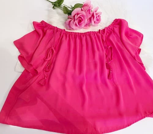 J Crew Top Size 10 Pink Tassel Tie Off The Shoulder Candy Pink Shirt Blouse - Thumbnail 4