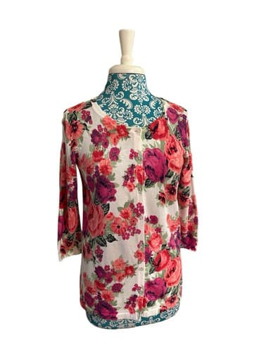Vintage Laura Scott Floral Pink & Aqua Roses Cardigan Sweater Cottagecore Shabby - Thumbnail 8