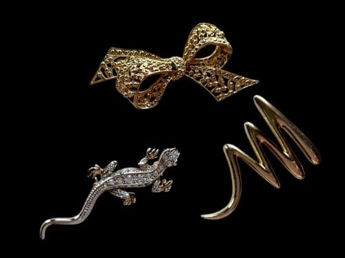 Vintage Brooch Lot Of 3 Green Eye Lizard Bow Gold Finish Jewelry Pin Set - Thumbnail 2