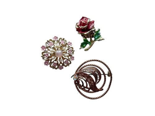 Vintage Brooch Lot Of 3 Pink Daisy Pearl Rose Gold Art Deco Jewelry Pin Rosette - Thumbnail 3