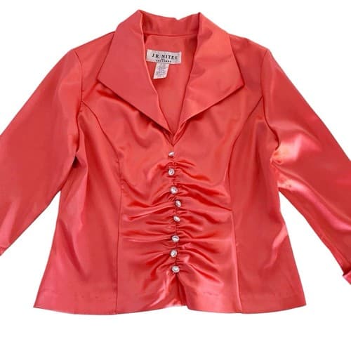 Vintage Womens Blouse Flared French Cuffs Rhinestone Buttons Coral Peach Satin 8 - Thumbnail 4