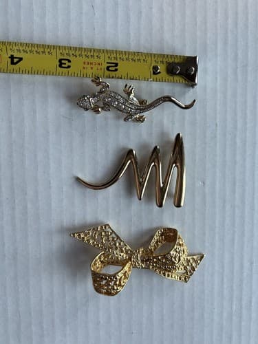 Vintage Brooch Lot Of 3 Green Eye Lizard Bow Gold Finish Jewelry Pin Set - Thumbnail 5