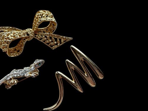Vintage Brooch Lot Of 3 Green Eye Lizard Bow Gold Finish Jewelry Pin Set - Thumbnail 4