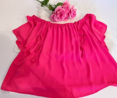 J Crew Top Size 10 Pink Tassel Tie Off The Shoulder Candy Pink Shirt Blouse - Thumbnail 2