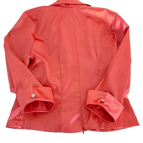 Vintage Womens Blouse Flared French Cuffs Rhinestone Buttons Coral Peach Satin 8 - Thumbnail 2