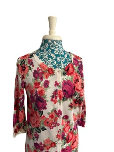Vintage Laura Scott Floral Pink & Aqua Roses Cardigan Sweater Cottagecore Shabby - Thumbnail 7