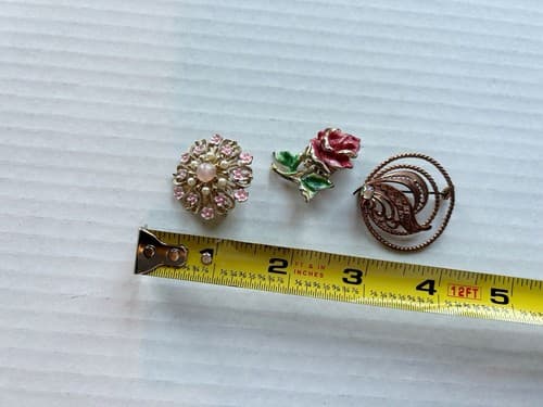 Vintage Brooch Lot Of 3 Pink Daisy Pearl Rose Gold Art Deco Jewelry Pin Rosette - Thumbnail 4