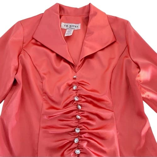 Vintage Womens Blouse Flared French Cuffs Rhinestone Buttons Coral Peach Satin 8 - Thumbnail 3