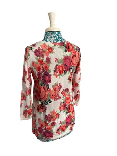Vintage Laura Scott Floral Pink & Aqua Roses Cardigan Sweater Cottagecore Shabby - Thumbnail 5