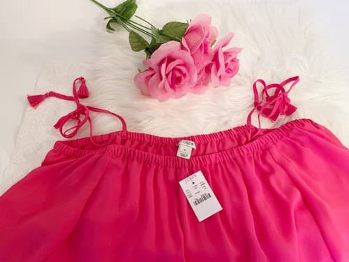 J Crew Top Size 10 Pink Tassel Tie Off The Shoulder Candy Pink Shirt Blouse - Thumbnail 3