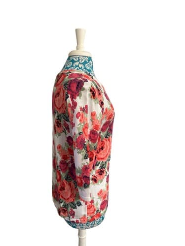 Vintage Laura Scott Floral Pink & Aqua Roses Cardigan Sweater Cottagecore Shabby - Thumbnail 6