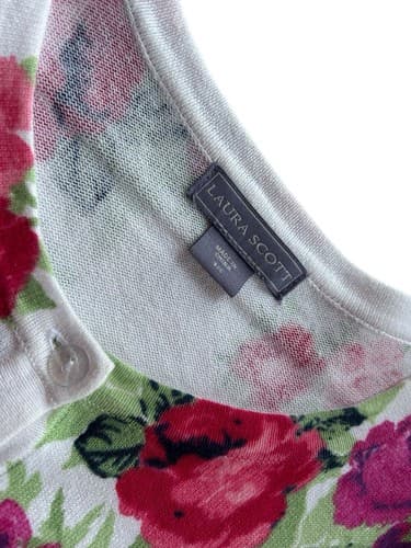 Vintage Laura Scott Floral Pink & Aqua Roses Cardigan Sweater Cottagecore Shabby - Thumbnail 4