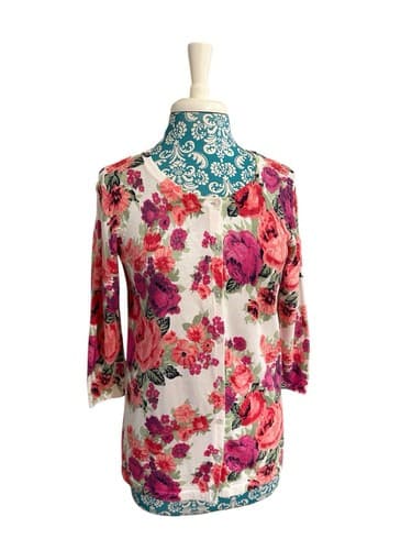 Vintage Laura Scott Floral Pink & Aqua Roses Cardigan Sweater Cottagecore Shabby - Thumbnail 2
