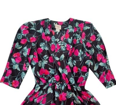 Vintage 1980’s Dress Romantic Floral Roses Puffed Sleeve Elegant Glam Pink Black - Thumbnail 5