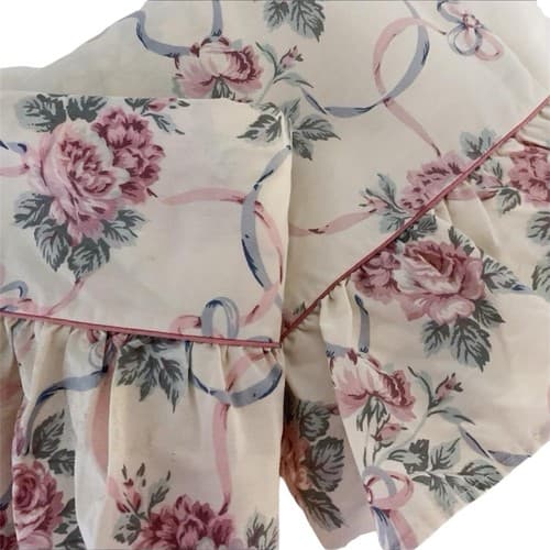 Vintage Pink & Blue Twin Top Flat Sheet Pillowcase Ruffled Shabby Farmhouse Chic - Thumbnail 2