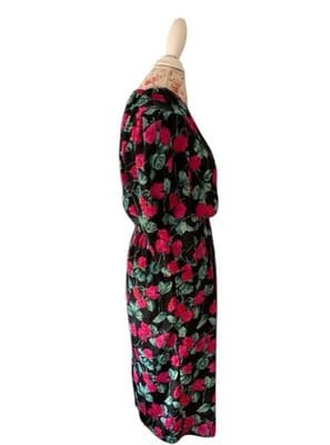 Vintage 1980’s Dress Romantic Floral Roses Puffed Sleeve Elegant Glam Pink Black - Thumbnail 4