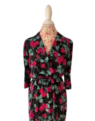Vintage 1980’s Dress Romantic Floral Roses Puffed Sleeve Elegant Glam Pink Black - Thumbnail 6