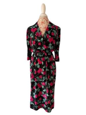 Vintage 1980’s Dress Romantic Floral Roses Puffed Sleeve Elegant Glam Pink Black - Thumbnail 2