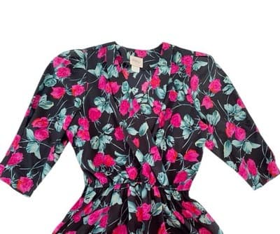 Vintage 1980’s Dress Romantic Floral Roses Puffed Sleeve Elegant Glam Pink Black - Thumbnail 3
