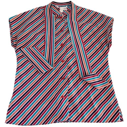 Vintage 1970’s 1980’s Fall Blouse Tie Neck Bow Rust Teal Stripes Collegiate Top - Thumbnail 2