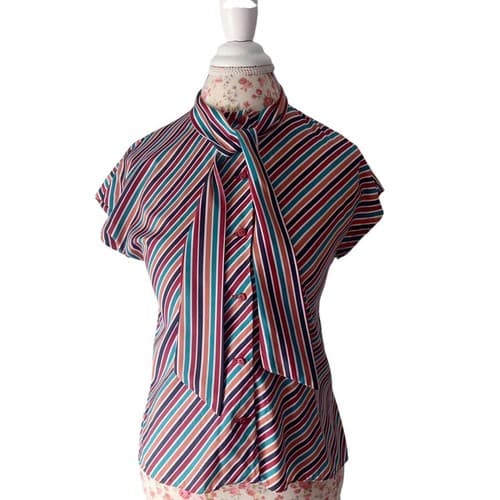 Vintage 1970’s 1980’s Fall Blouse Tie Neck Bow Rust Teal Stripes Collegiate Top - Thumbnail 3