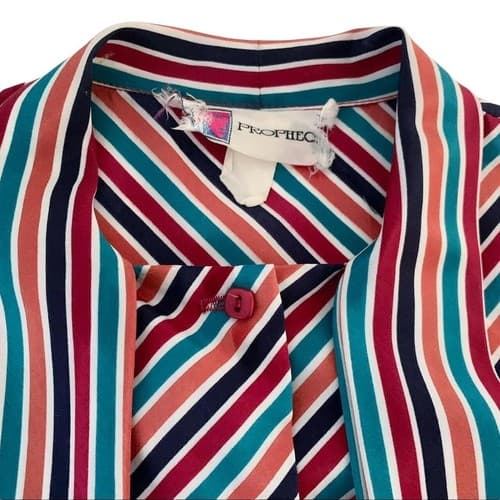Vintage 1970’s 1980’s Fall Blouse Tie Neck Bow Rust Teal Stripes Collegiate Top - Thumbnail 4