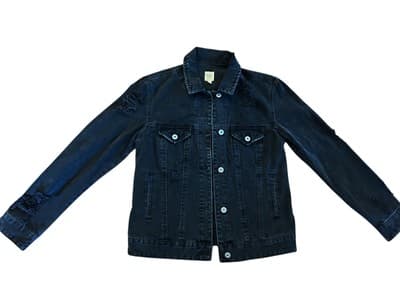 TRUE CRAFT Black Denim Distressed Jean Jacket Small Stretch Grunge Cotton - Thumbnail 2