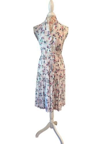 Vintage 1970’s Dress Pleated Skirt Belted Junior Women’s 3 Pink Blue Teal Floral - Thumbnail 2