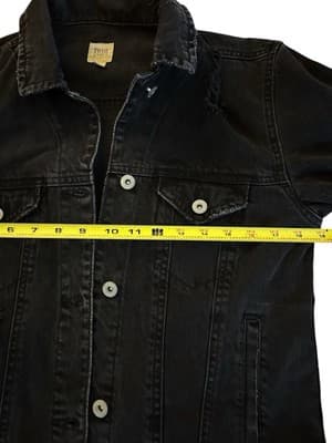 TRUE CRAFT Black Denim Distressed Jean Jacket Small Stretch Grunge Cotton - Thumbnail 5
