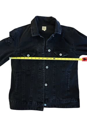 TRUE CRAFT Black Denim Distressed Jean Jacket Small Stretch Grunge Cotton - Thumbnail 4