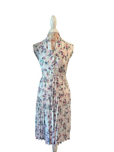 Vintage 1970’s Dress Pleated Skirt Belted Junior Women’s 3 Pink Blue Teal Floral - Thumbnail 3