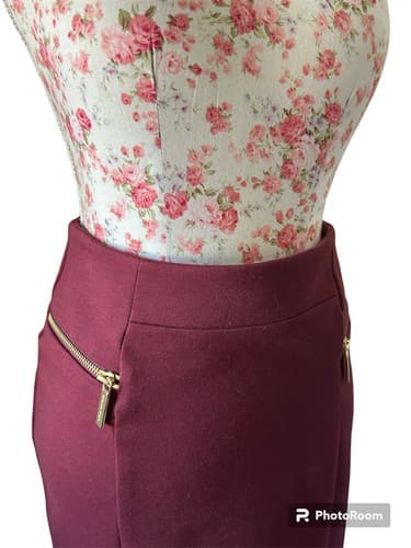Michael Kors Wine Burgundy Knit Pencil Skirt 6 Career Stretchy Gold Zipper Logos - Thumbnail 3