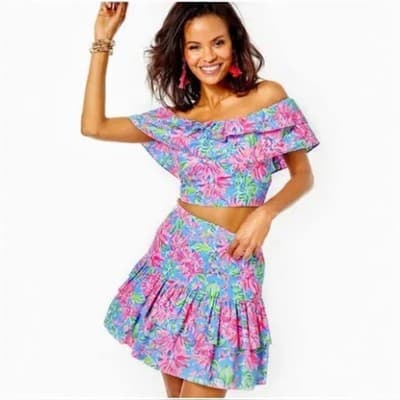 Lilly Pulitzer Mayslie Ruffle Top Mini Skirt Set 6 Blue Peri Sunrise Women’s - Thumbnail 9