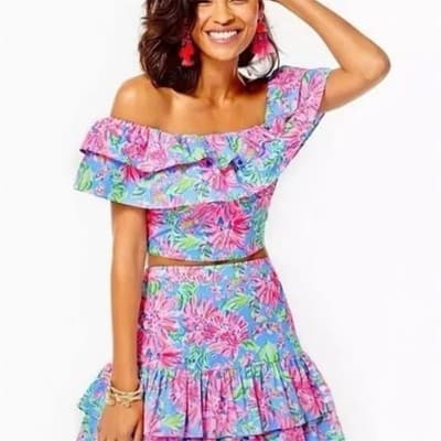 Lilly Pulitzer Mayslie Ruffle Top Mini Skirt Set 6 Blue Peri Sunrise Women’s - Thumbnail 8