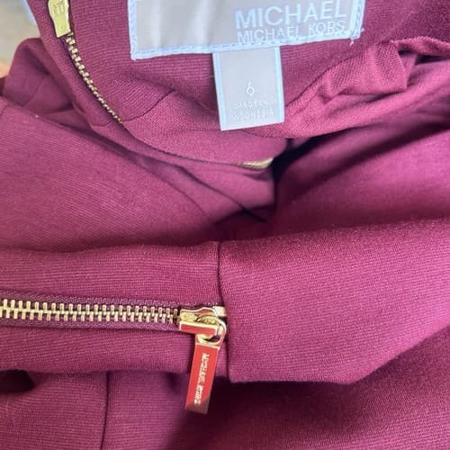 Michael Kors Wine Burgundy Knit Pencil Skirt 6 Career Stretchy Gold Zipper Logos - Thumbnail 6