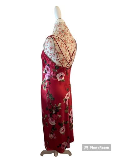 Vintage Slip Dress Lingerie Red & Pink Shiny Criss Cross Back Slippery Satin Y2K - Thumbnail 5
