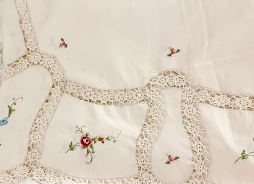 Vintage Large Cream Embroidered Tablecloth Topper Pink Aqua Floral Crochet 64 82 - Thumbnail 10