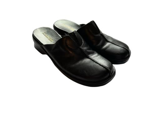 8.5 Black Leather Liz Claiborne Villager Slides Shoes Clogs Chunky Slip On - Thumbnail 2