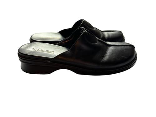 8.5 Black Leather Liz Claiborne Villager Slides Shoes Clogs Chunky Slip On - Thumbnail 3
